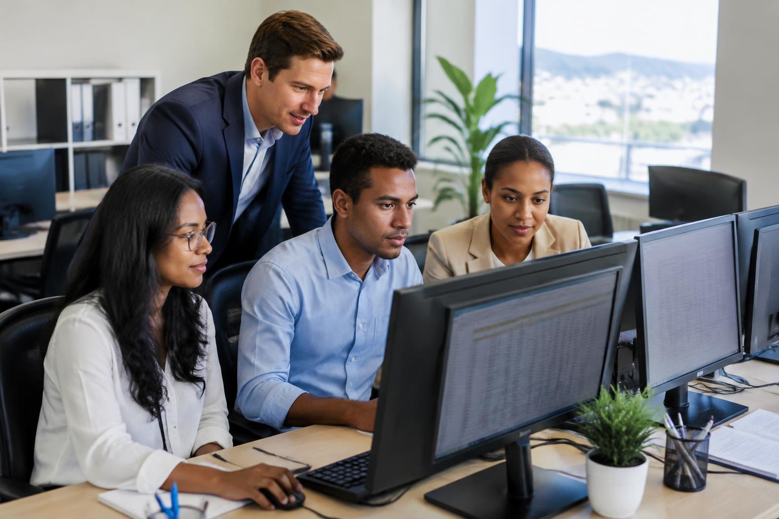 Back-office team reviewing data with a supervisor
