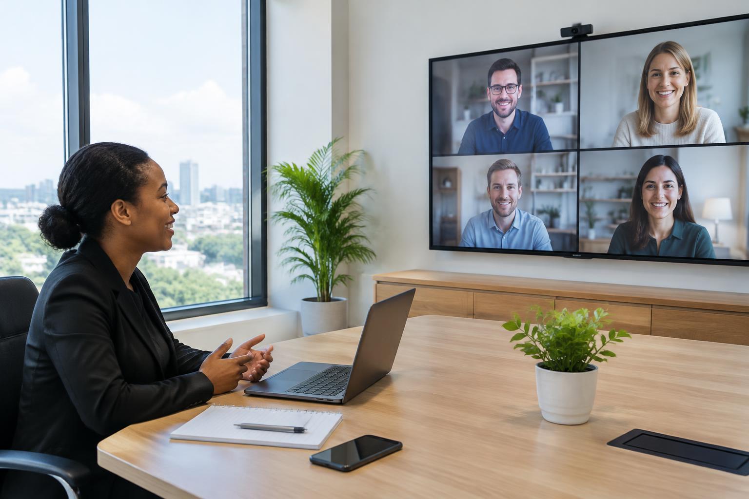 Team member on a video call with European clients