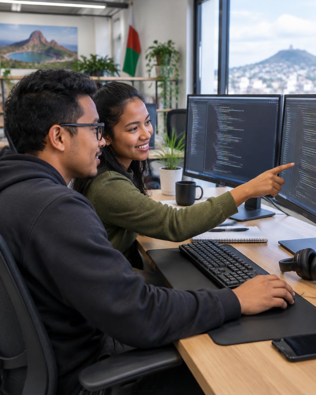 Two developers working together at dual monitors