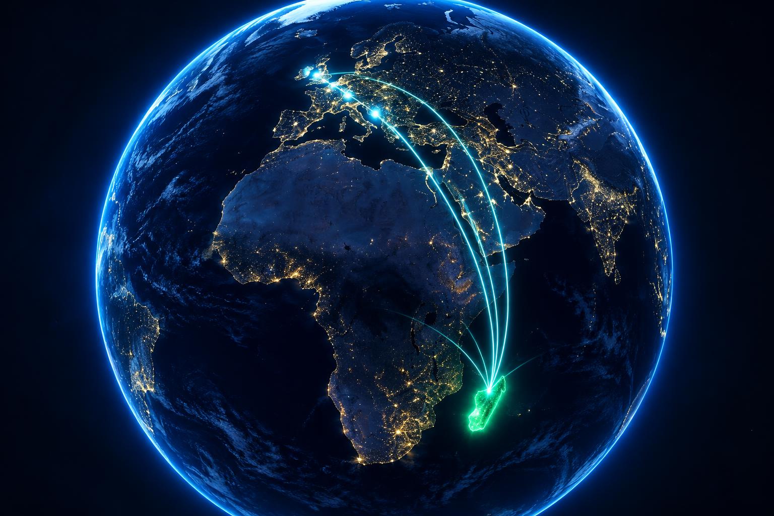 World map showing Madagascar connected to international business markets