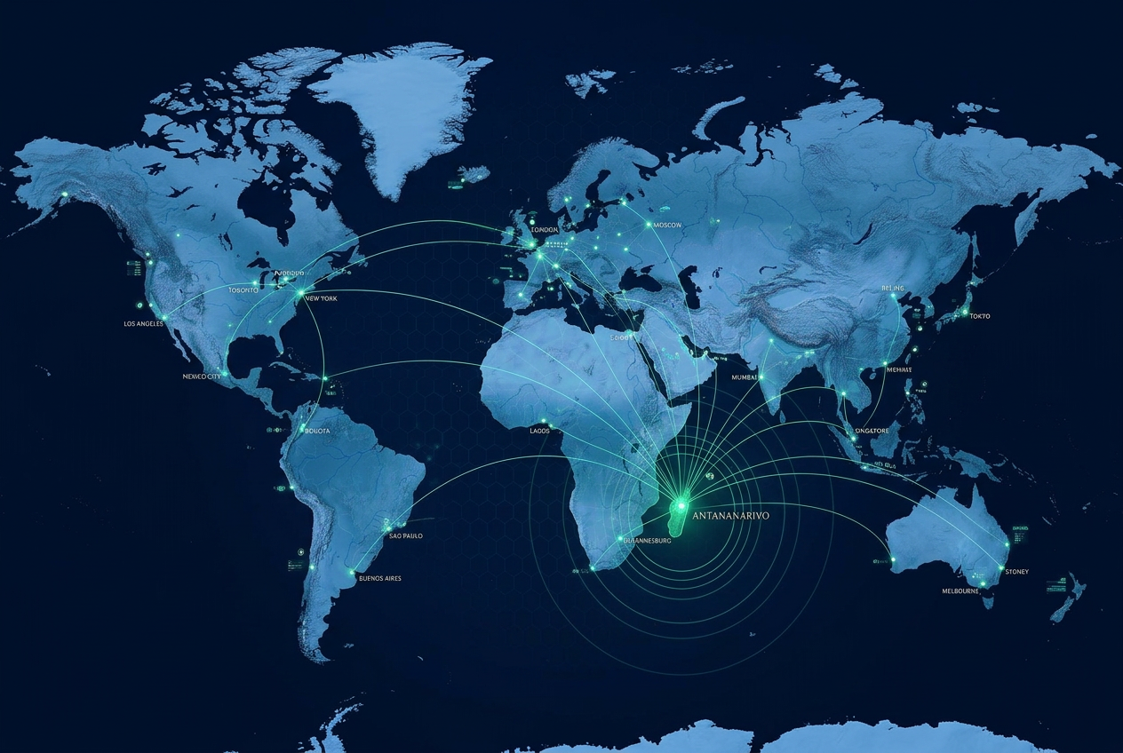 World map showing Madagascar connected to international business markets
